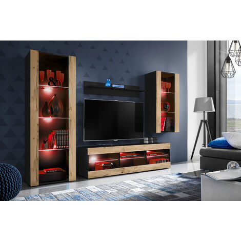 Komodee Ensemble de Meubles Tivoli Medio, Noir/Wotan, Largeur 245cm x Hauteur 159cm x Profondeur 35cm, LED RGB, 3 étagères, pour Salon, Chambre, Entrée