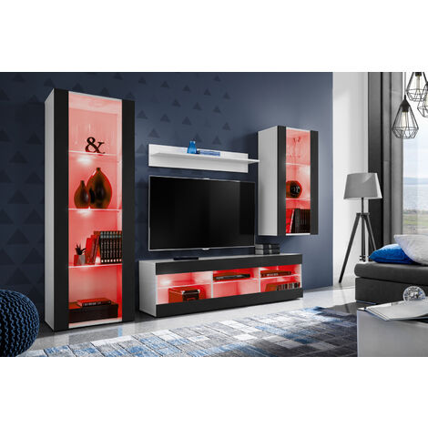 Komodee Ensemble de Meubles Tivoli Medio, Blanc/Noir, Largeur 245cm x Hauteur 159cm x Profondeur 35cm, LED RGB, 3 étagères, pour Salon, Chambre, Entrée