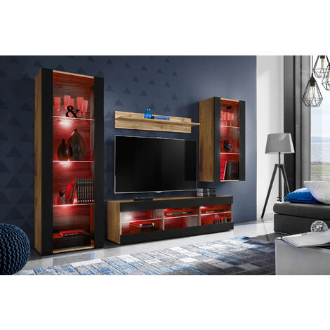 Komodee Ensemble de Meubles Tivoli Medio, Wotan/Noir, Largeur 245cm x Hauteur 159cm x Profondeur 35cm, LED RGB, 3 étagères, pour Salon, Chambre, Entrée