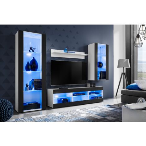 Komodee Ensemble de Meubles Tivoli Medio, Blanc/Noir, Largeur 245cm x Hauteur 159cm x Profondeur 35cm, LED Blu, 3 étagères, pour Salon, Chambre, Entrée