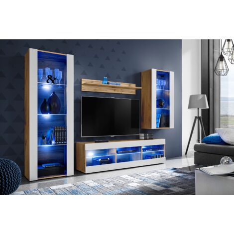 Komodee Ensemble de Meubles Tivoli Medio, Wotan/Blanc, Largeur 245cm x Hauteur 159cm x Profondeur 35cm, LED Blu, 3 étagères, pour Salon, Chambre, Entrée