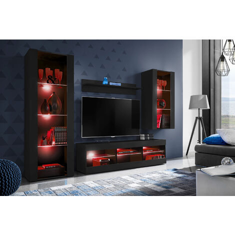 Komodee Ensemble de Meubles Tivoli Medio, Noir/Noir, Largeur 245cm x Hauteur 159cm x Profondeur 35cm, LED RGB, 3 étagères, pour Salon, Chambre, Entrée