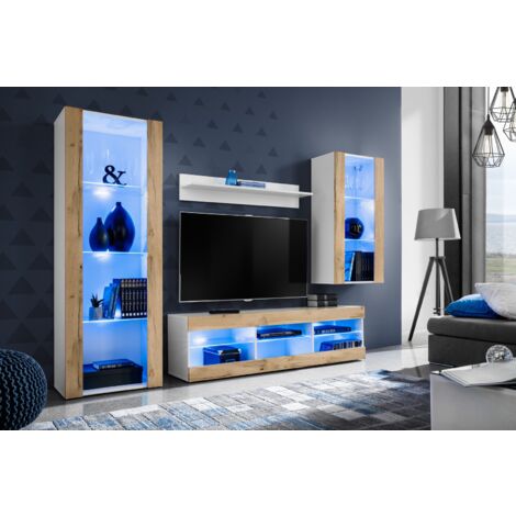 Komodee Ensemble de Meubles Tivoli Medio, Blanc/Wotan, Largeur 245cm x Hauteur 159cm x Profondeur 35cm, LED Blu, 3 étagères, pour Salon, Chambre, Entrée