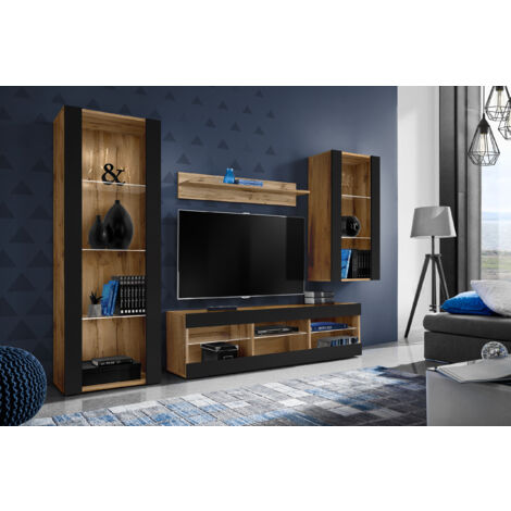 Komodee Ensemble de Meubles Tivoli Medio, Wotan/Noir, Largeur 245cm x Hauteur 159cm x Profondeur 35cm, sans LED, 3 étagères, pour Salon, Chambre, Entrée