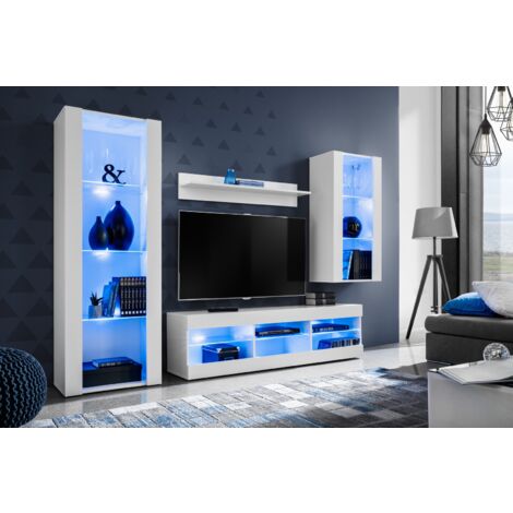 Komodee Ensemble de Meubles Tivoli Medio, Blanc/Blanc, Largeur 245cm x Hauteur 159cm x Profondeur 35cm, LED Blu, 3 étagères, pour Salon, Chambre, Entrée