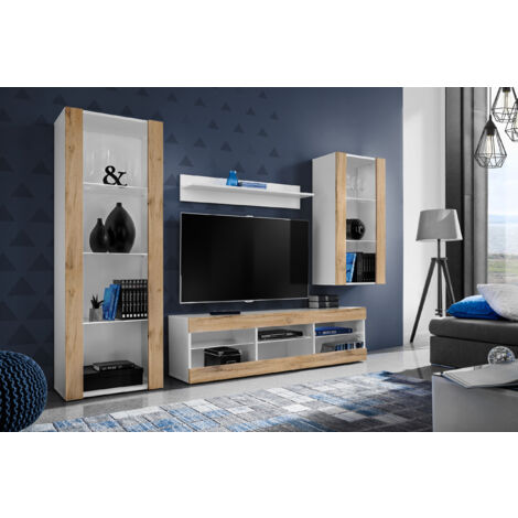 Komodee Ensemble de Meubles Tivoli Medio, Blanc/Wotan, Largeur 245cm x Hauteur 159cm x Profondeur 35cm, sans LED, 3 étagères, pour Salon, Chambre, Entrée