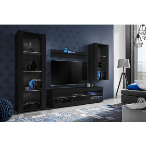 Komodee Ensemble de Meubles Tivoli Medio, Noir/Noir, Largeur 245cm x Hauteur 159cm x Profondeur 35cm, sans LED, 3 étagères, pour Salon, Chambre, Entrée