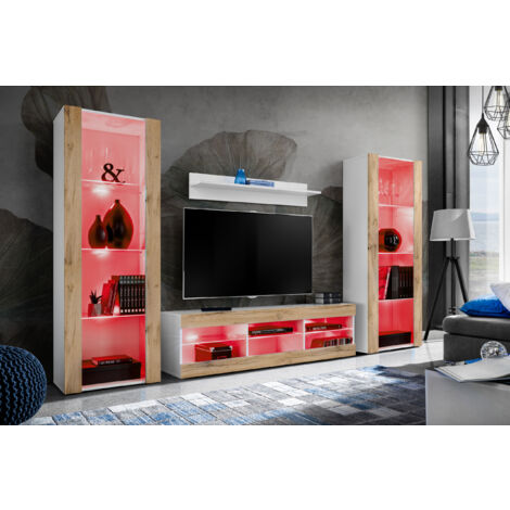 Komodee Ensemble de Meubles Tivoli Grande, Blanc/Wotan, Largeur 250cm x Hauteur 159cm x Profondeur 35cm, LED RGB, 3 étagères, pour Salon, Chambre, Entrée (1/5)