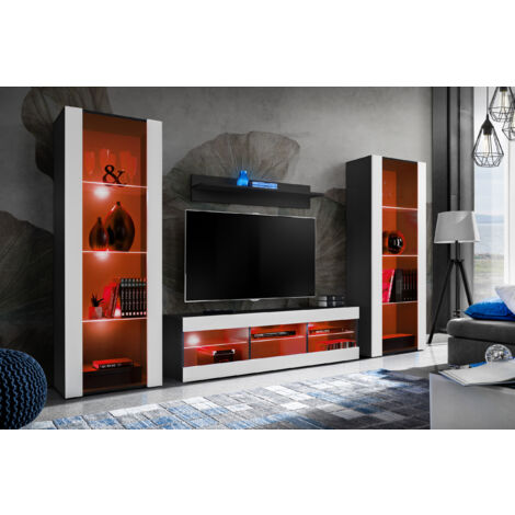 Komodee Ensemble de Meubles Tivoli Grande, Noir/Blanc, Largeur 250cm x Hauteur 159cm x Profondeur 35cm, LED RGB, 3 étagères, pour Salon, Chambre, Entrée