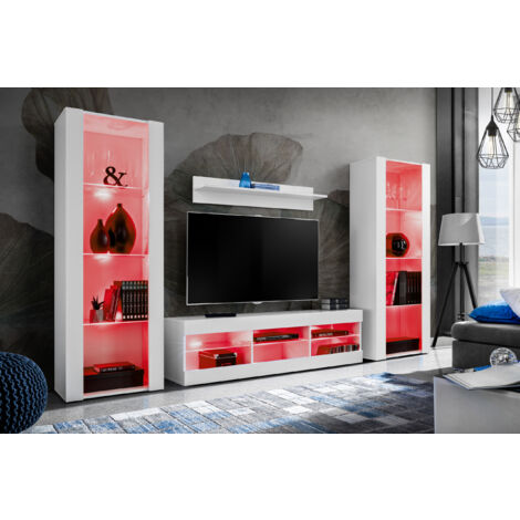 Komodee Ensemble de Meubles Tivoli Grande, Blanc/Blanc, Largeur 250cm x Hauteur 159cm x Profondeur 35cm, LED RGB, 3 étagères, pour Salon, Chambre, Entrée