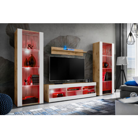Komodee Ensemble de Meubles Tivoli Grande, Wotan/Blanc, Largeur 250cm x Hauteur 159cm x Profondeur 35cm, LED RGB, 3 étagères, pour Salon, Chambre, Entrée