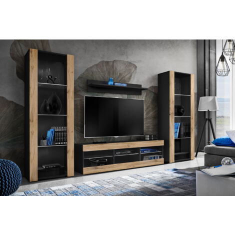 Komodee Ensemble de Meubles Tivoli Grande, Noir/Wotan, Largeur 250cm x Hauteur 159cm x Profondeur 35cm, sans LED, 3 étagères, pour Salon, Chambre, Entrée