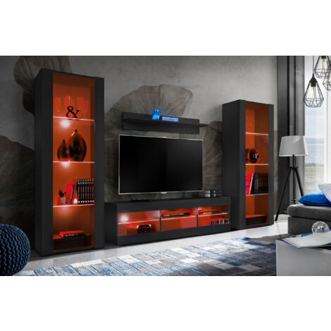 Komodee Ensemble de Meubles Tivoli Grande, Noir/Noir, Largeur 250cm x Hauteur 159cm x Profondeur 35cm, LED RGB, 3 étagères, pour Salon, Chambre, Entrée