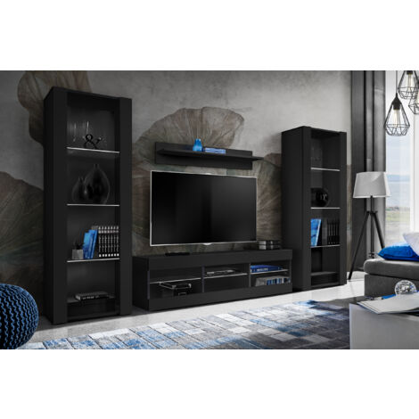 Komodee Ensemble de Meubles Tivoli Grande, Noir/Noir, Largeur 250cm x Hauteur 159cm x Profondeur 35cm, sans LED, 3 étagères, pour Salon, Chambre, Entrée