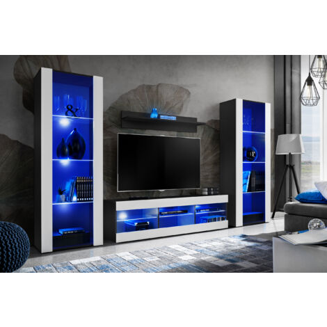Komodee Ensemble de Meubles Tivoli Grande, Noir/Blanc, Largeur 250cm x Hauteur 159cm x Profondeur 35cm, LED Blu, 3 étagères, pour Salon, Chambre, Entrée