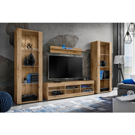 Ensemble de meubles de salon Tivoli Grande – Panneaux laminés résistants – Largeur 250 cm x Hauteur 159 cm x Profondeur 35 cm – 3 étagères en verre