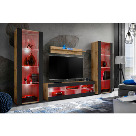 Komodee Ensemble de Meubles Tivoli Grande, Wotan/Noir, Largeur 250cm x Hauteur 159cm x Profondeur 35cm, LED RGB, 3 étagères, pour Salon, Chambre, Entrée