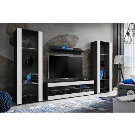 Komodee Ensemble de Meubles Tivoli Grande, Noir/Blanc, Largeur 250cm x Hauteur 159cm x Profondeur 35cm, sans LED, 3 étagères, pour Salon, Chambre, Entrée