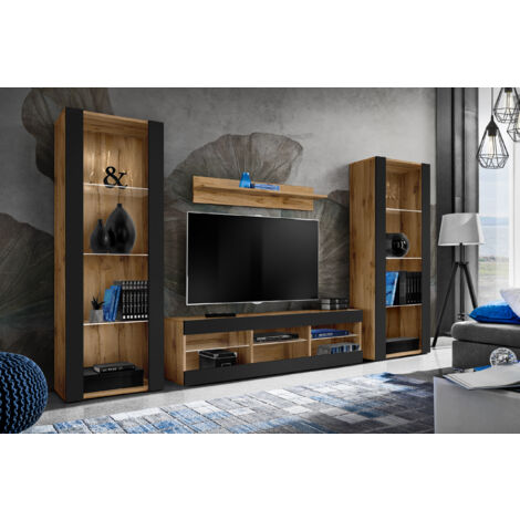 Ensemble de meubles de salon Tivoli Grande – Panneaux laminés Wotan/Noir – Largeur 250cm x Hauteur 159cm x Profondeur 35cm – 3 étagères en verre