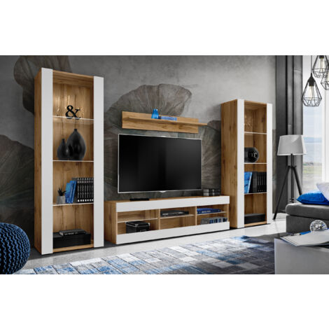 Komodee Ensemble de Meubles Tivoli Grande, Wotan/Blanc, Largeur 250cm x Hauteur 159cm x Profondeur 35cm, sans LED, 3 étagères, pour Salon, Chambre, Entrée