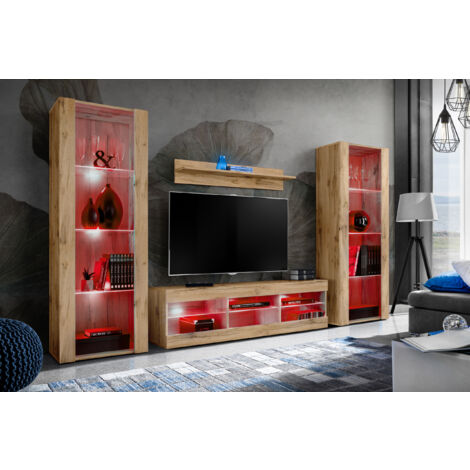 Komodee Ensemble de Meubles Tivoli Grande, Wotan/Wotan, Largeur 250cm x Hauteur 159cm x Profondeur 35cm, LED RGB, 3 étagères, pour Salon, Chambre, Entrée