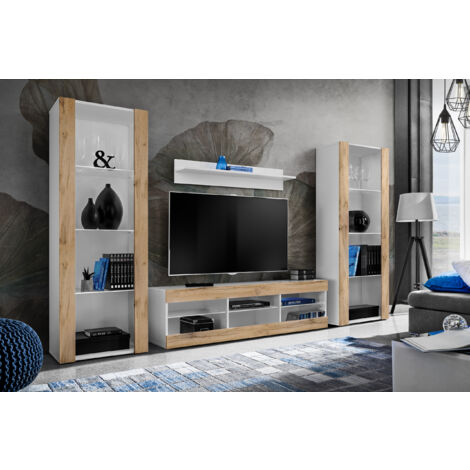 Komodee Ensemble de Meubles Tivoli Grande, Blanc/Wotan, Largeur 250cm x Hauteur 159cm x Profondeur 35cm, sans LED, 3 étagères, pour Salon, Chambre, Entrée