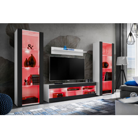 Komodee Ensemble de Meubles Tivoli Grande, Blanc/Noir, Largeur 250cm x Hauteur 159cm x Profondeur 35cm, LED RGB, 3 étagères, pour Salon, Chambre, Entrée