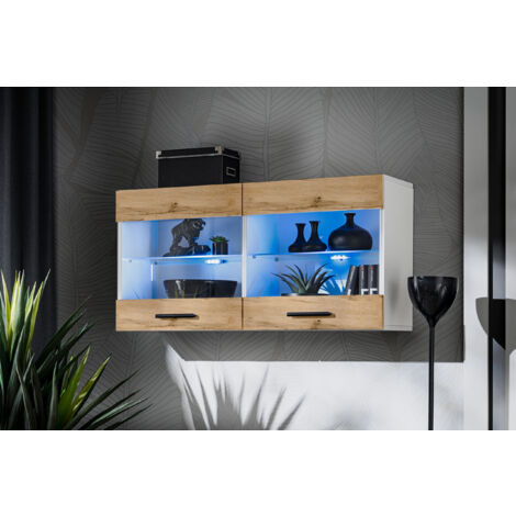 Komodee, Vitrine Armoire Savona, Blanc/Wotan, Largeur 100 cm x Hauteur 50 cm x Profondeur 30 cm, sans LED, 2 étagères, pour Salon, Chambre, Entrée, Cuisine (1/4)