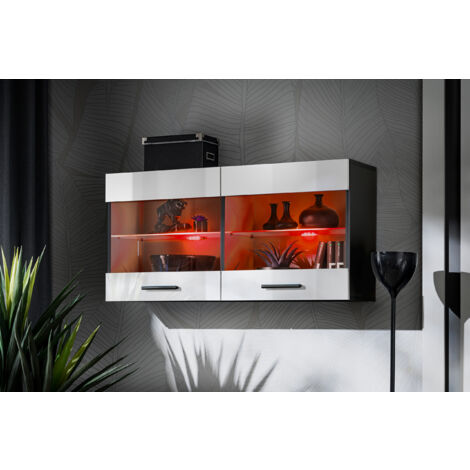Komodee, Vitrine Armoire Savona, Noir/Blanc, Largeur 100 cm x Hauteur 50 cm x Profondeur 30 cm, LED RGB, 2 étagères, pour Salon, Chambre, Entrée, Cuisine (1/4)