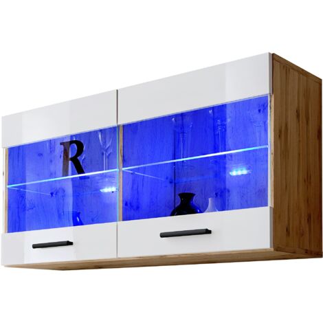 Komodee, Vitrine Armoire Savona, Wotan/Blanc, Largeur 100 cm x Hauteur 50 cm x Profondeur 30 cm, sans LED, 2 étagères, pour Salon, Chambre, Entrée, Cuisine