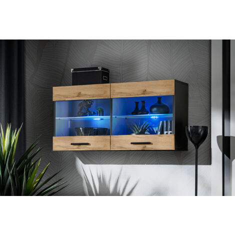 Komodee, Vitrine Armoire Savona, Noir/Wotan, Largeur 100 cm x Hauteur 50 cm x Profondeur 30 cm, sans LED, 2 étagères, pour Salon, Chambre, Entrée, Cuisine (1/4)