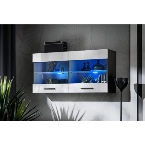 Komodee, Vitrine Armoire Savona, Noir/Blanc, Largeur 100 cm x Hauteur 50 cm x Profondeur 30 cm, sans LED, 2 étagères, pour Salon, Chambre, Entrée, Cuisine (1/4)