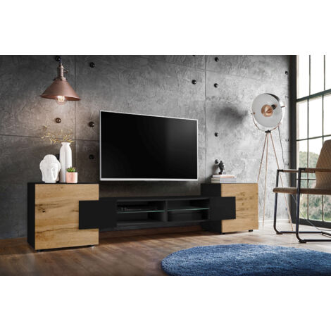 Meuble TV Merano 230 cm – Panneaux laminés résistants – 2 étagères en verre – 2 portes – Design moderne scandinave (1/4)