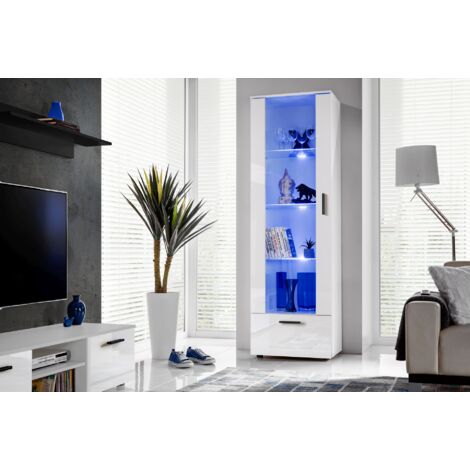 Vitrine armoire Alessandria – Blanc – Largeur 60 cm x Hauteur 192 cm x Profondeur 42 cm – 3 étagères en verre – Éclairage LED intégré (1/4)