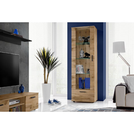 Komodee, Vitrine Armoire Alessandria, Wotan/Wotan, Largeur 60 cm x Hauteur 192 cm x Profondeur 42 cm, sans LED, 2 étagères, pour Salon, Chambre, Entrée (1/4)