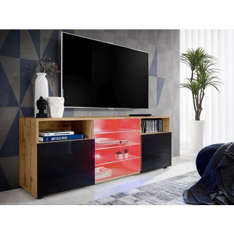 Komodee, Meuble Banc TV Urbino, Wotan/Noir, Largeur 140cm x Hauteur 53cm x Profondeur 35cm, LED RGB, pour Salon, Chambre (1/4)