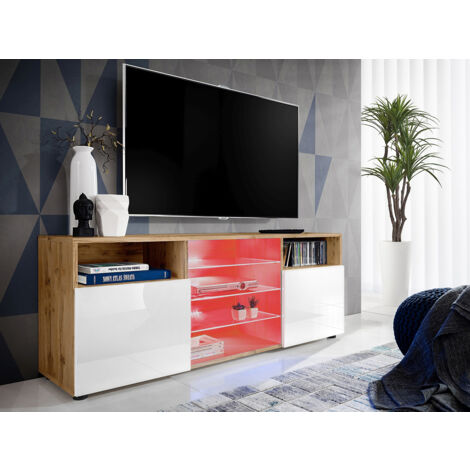 Komodee, Meuble Banc TV Urbino, Wotan/Blanc, Largeur 140cm x Hauteur 53cm x Profondeur 35cm, LED RGB, pour Salon, Chambre (1/4)