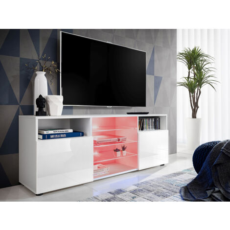 Komodee, Meuble Banc TV Urbino, Blanc/Blanc, Largeur 140cm x Hauteur 53cm x Profondeur 35cm, LED RGB, pour Salon, Chambre (1/4)