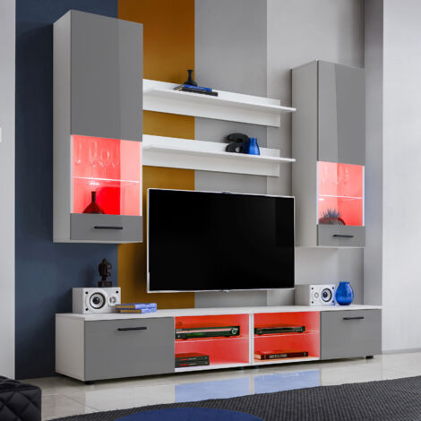 Komodee, Ensembles de Meubles RTV Varallo, Blanc/Gris, Largeur 200cm x Hauteur 195cm x Profondeur 45cm, LED RGB, pour Salon, Chambre (1/4)