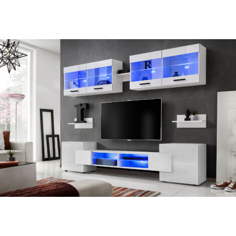 Komodee, Ensembles de Meubles RTV Foggia, Façade Brillant Blanc/Corps Blanc Mat, Largeur 230cm x Hauteur 195cm x Profondeur 35cm, sans LED, pour Salon, Chambre (1/4)