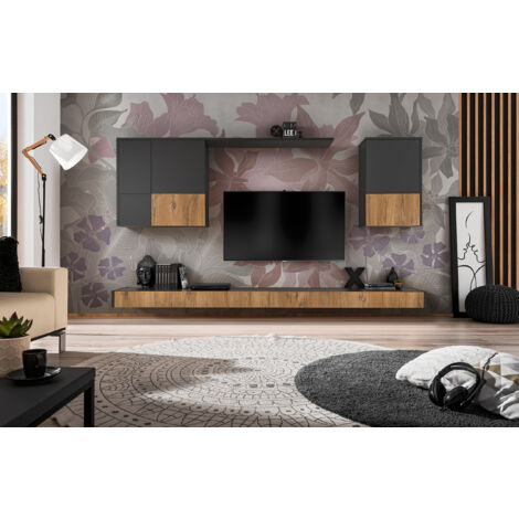 Komodee , Ensembles de Meubles Imola Grande, Chêne/Anthracite, Largeur 285 cm x Hauteur 200 cm x Profondeur 42 cm, Style Moderne, pour Salon (1/4)