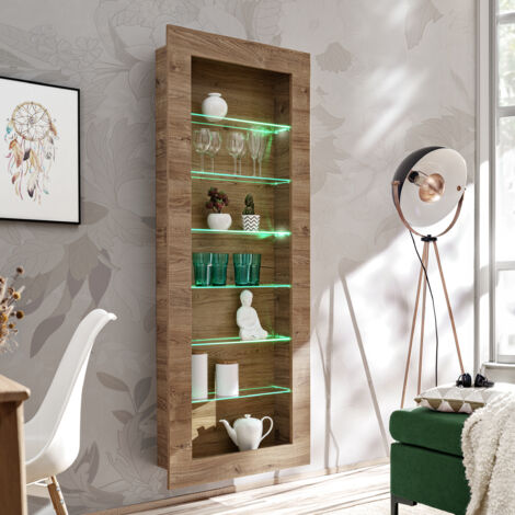 Armoire suspendue Como en chêne miel truffé – 6 étagères en verre – Éclairage LED multicolore – Pour salon et chambre