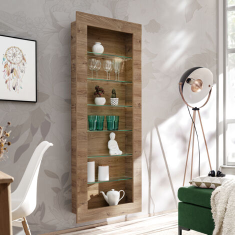 Armoire suspendue Como – Chêne miel truffé – 6 étagères en verre – Design minimaliste pour salon ou chambre