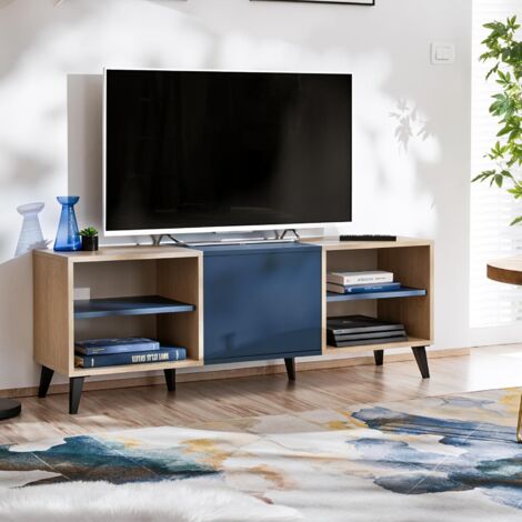 komodee Buffet de Cuisine Fondi, Armoire de Rangement Avec Casier à Vin, 3 Portes, pour Salon Cuisine Salle à Manger, Style scandinave, Bleu, Bois Clair, 173x35x46 cm (1/5)
