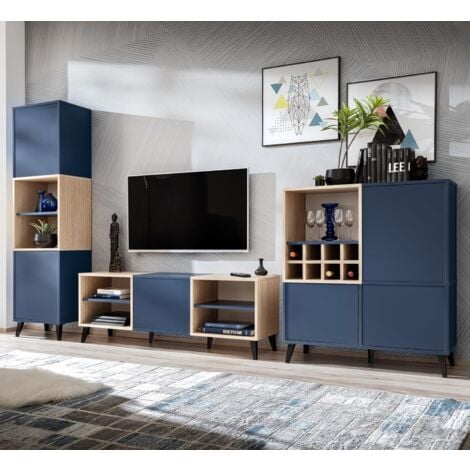 komodee Ensembles de Meubles Fondi, 3 Armoires Avec Casier à Vin, Style Scandinave, Pour Salon, Cuisine, Salle à Manger, Bureau, Bleu, Bois Clair, 173x35x271,4 cm