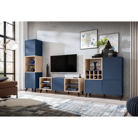 komodee Ensembles de Meubles Fondi, 3 Armoires Avec Casier à Vin, Style Scandinave, Pour Salon, Cuisine, Salle à Manger, Bureau, Bleu, Bois Clair, 173x35x271,4 cm