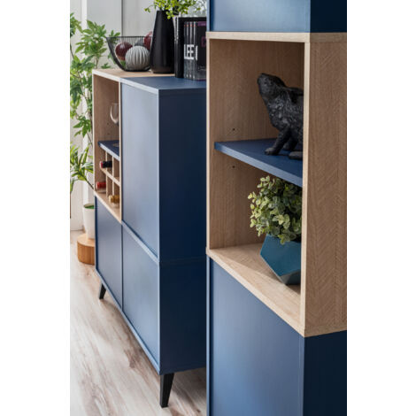 komodee Ensembles de Meubles Fondi, 3 Armoires Avec Casier à Vin, Style Scandinave, Pour Salon, Cuisine, Salle à Manger, Bureau, Bleu, Bois Clair, 173x35x271,4 cm