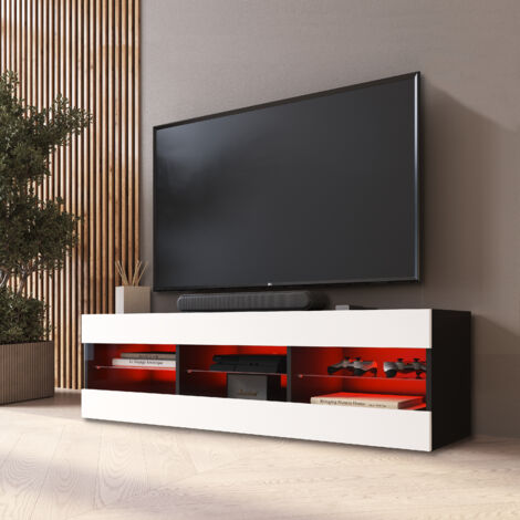 Komodee, Meuble Banc TV Tivoli 140, Noir/Blanc, Largeur 140cm x Hauteur 40,5cm x Profondeur 35cm, LED RGB, pour Salon, Chambre (1/5)
