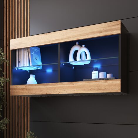 Komodee Vitrine Suspendue Tivoli Horizontal 100, Noir/Wotan, LED Bleues Largeur 100cm x Hauteur 50cm x Profondeur 29,5cm, 2 étagères en verre, pour Salon, Chambre