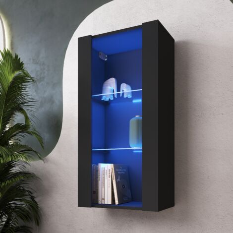 Komodee Vitrine Suspendue Tivoli Vertical 100, Noir/Noir, LED Bleues Largeur 100cm x Hauteur 50cm x Profondeur 29,5cm, 2 étagères en verre, pour Salon, Chambre (1/5)